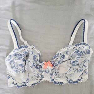 Victoria's Secret 34DD White Blue Floral Lace Demi Bra Peach Bow Heart Charm